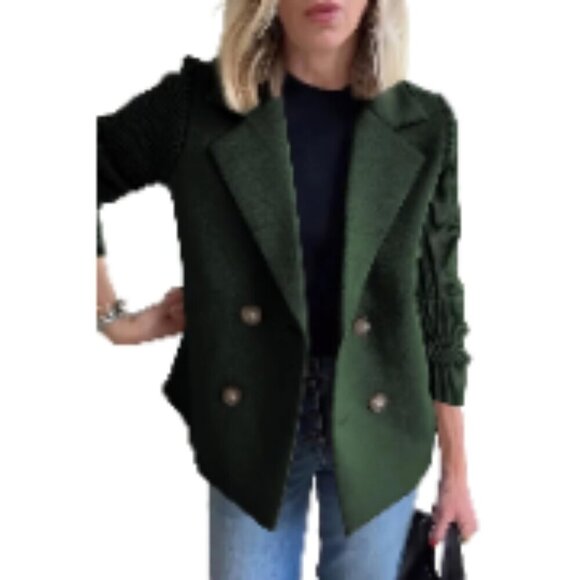 Jackets & Blazers - Double Breasted Wool Pea Coat Notched Lapel Ribbed Knit Sleeves Blazer